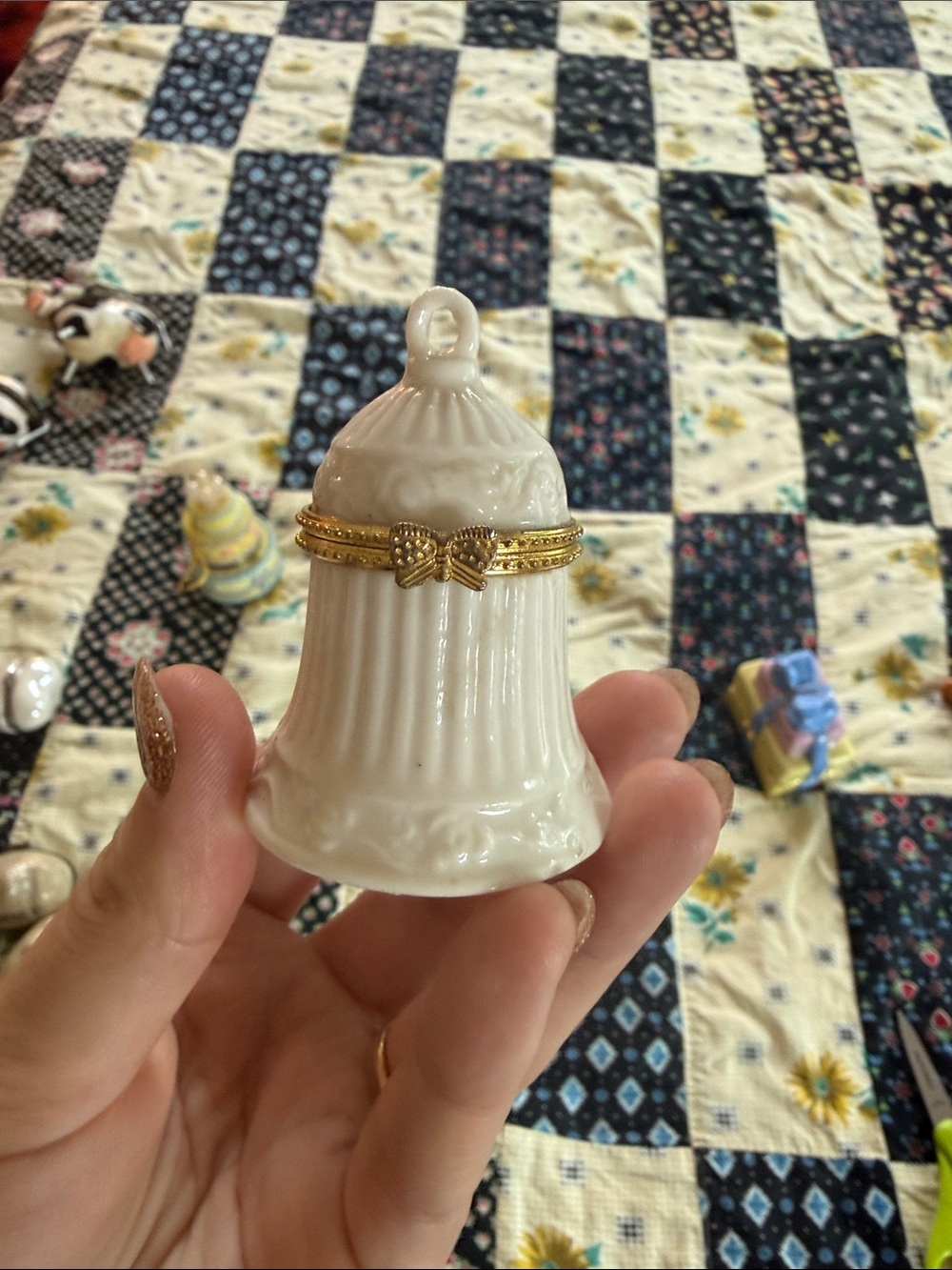 white porcelain wedding bell trinket box with gold hinge detailing